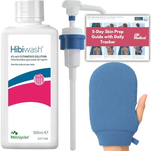 Hibiwash Antibacterial Body Wash Kit 500ml – Formerly Hibiscrub with Pump, Exfoliating Glove and JJH Medical Wash Guide and Tracker | Ideal for Surgical Prep and Sensitive Skin