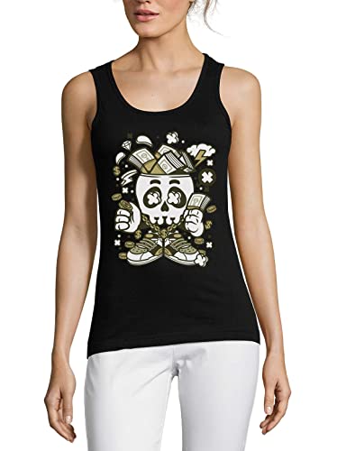 T-shirt débardeur Money Skull en coton noir pour femme avec imprimé chaîne dorée