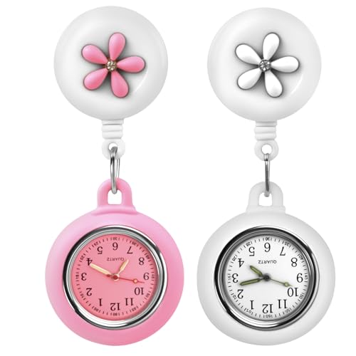 Vakler 2PCS Nurse Watch Brooch, Silicone Retractable Nurse Watch Digital Luminous Clip-on Hanging Doctor Fob Timepiece with Cute Flower Pattern for Doctor Paramedic Outdoor Workers