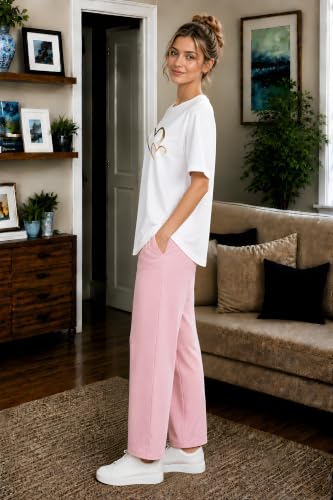 Image of ELVIA Women's Pure Cotton Top and Pyjama Co-Ord Set | Double Heart Graphic Printed Night Suit | Regular Fit Half Sleeve Round Neck T-Shirt with Pajama Sleepwear Loungewear Set