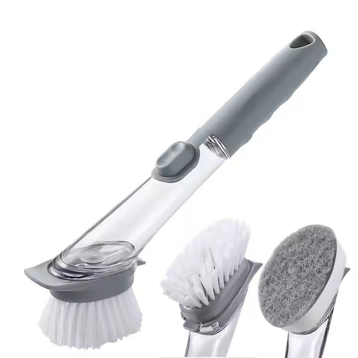 Image of Multifunctional Kitchen Dish Scrubber Brush with Long Handle for Baby Dishwashing Clean Brush Liquid Dispenser Pot Wash Wipe