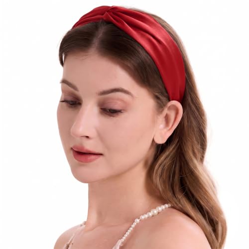 Image of ZLYC Mulberry Silk Headband for Women's Hair Elastic Hairband, Solid Red