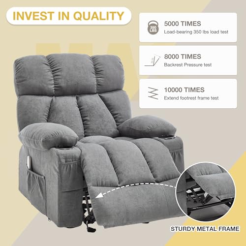 Massage Recliner Chair, Overstuffed Rocker Lazy Boy Chairs with Vibration&Gently Heat,Fabric Ergonomic Manual Nursery Chair for Living Room with Side Pocket, 2 Cup Holders, Grey