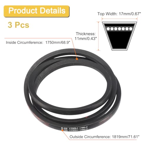 Image of uxcell 3 Pack B69 Classic V-Belt, 72 inch Outside Circumference, Black, Industrial Rubber V-Belt