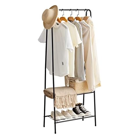 Coat Stand with 2 Shelves, Clothes Rack with Shoe Rack, Space-Saving Stand for Bedroom, Hallway, Entrance Area, Black Cover