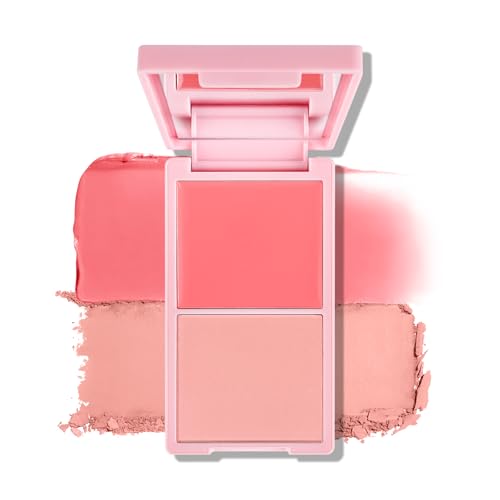 KYDA 2 Colors Cream and Powder Blush Duo, Two Tone Pigmented Buildable Pressed Powder, Rosy Natural Cheeks Matte Finish, for All Skin Color, 02