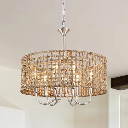 LynPon 17.7" Brushed Nickel Boho Rattan Chandeliers for Dining Room,