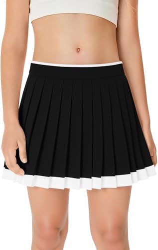 Haloumoning Girls Pleated Tennis Skirts with Shorts Kids High Waisted Athletic Skorts Golf Skirt with Pockets 5-14 Years, Black, 9-10 Years