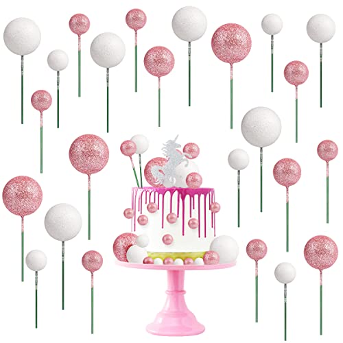66pcs Balloon Cake Topper, Glitter Foam Ball Cake Toppers Mini Balloon Cupcake Toppers Round DIY Cake Picks Insert Topper Baking Cake Decoration for Birthday Wedding Baby Shower Decor (Pink&White)