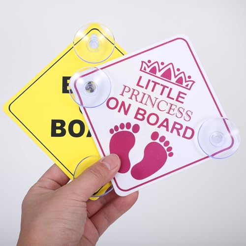 XLIUAX 2 Stück Sicherheitswarnschilder für Autos, Baby an Bord Kleine Prinzessin an Bord Autoaufkleber mit doppelten Saugnäpfen für Fensteraufkleber, 12,5 x 12,5 cm (gelb, rosa)