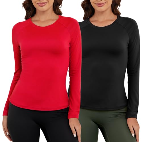 VENTELAN Women's 2 Pack Thermal Shirts Long Sleeve Crewneck Tops Compression Base Layer Undershirt Winter Warm Fashion Tee,Black Red,M