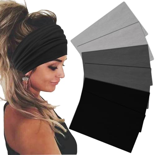 Sefiinh 6 Pack Wide Headbands For Women, Stretch Head Bands, Black Gray