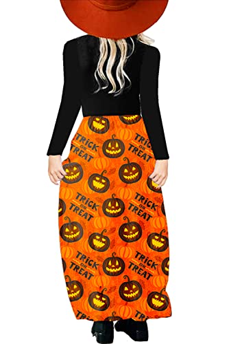 Image of Kids Girl Halloween Pumpkin Dress Party Funny Long Sleeve Jack O Lantern Orange Dresses 9-10 Years