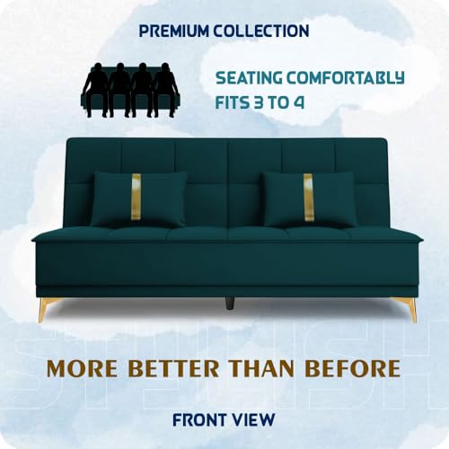 Image of Adorn India Premium New Alyssum 3 Seater Sofa Cum Bed 4X6 Velvet Suede with 2 Cushions (Color Ocean Blue) and Suitable for All Indoor, with 3 Years Warranty