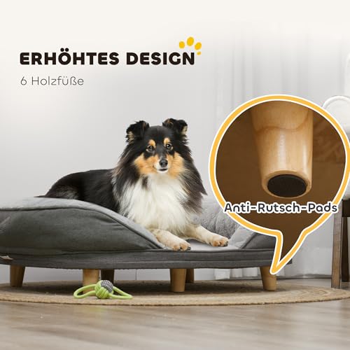 PawHut Hundesofa Hundecouch, Waschbarer Bezug, Haustiersofa mit Rückenlehne und Holzbeine, Katzensofa, Hundbett für mittelgroße Hunde unter 25 kg, 90cm x 78cm x 25cm, Grau