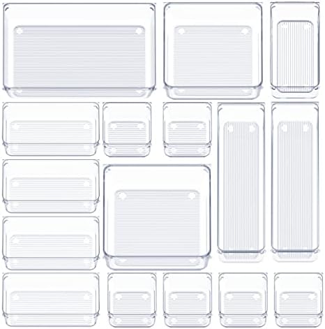 16 PCS Drawer Organizer Set Clear Plastic Drawer Organizer Trays with Non-Slip Silicone Pads, 5-Size Desk Drawer Organizers and Storage Bins for Makeup, Jewelry, Bathroom, Office and Kitchen