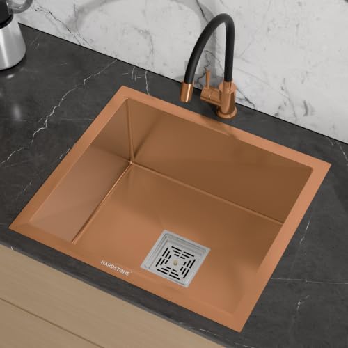 Image of HARDSTONE Premium Kitchen Sink | Single Bowl 16x18x9 Inch | Handmade Heavy Duty Stainless Steel Wash Basin with Matte Rose Gold Finish | Includes Waste Hose Pipe, Coupling & Drying Rack | Rose Gold