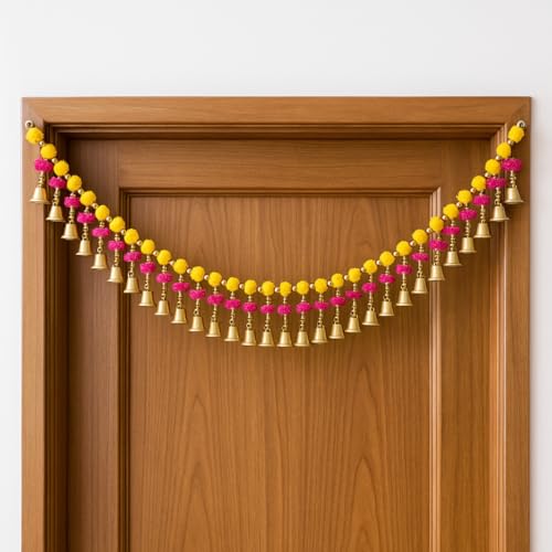 Handmade Pom Pom Bandhanwar for Main Door - Traditional Toran Bandarwal for Door, Temple & New Home - Decorative Door Hanging with Bells - Bandanwar for Diwali, Pooja Room, Mandir (39 Inch)
