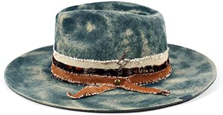 RUEDIGER Wide Brim Fedora Hats for Men Women 100% Wool Felt Panama Rancher Hat with Lightning Logo Distressed/Burned Handmade Navy