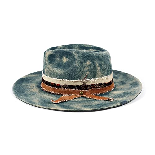 Ruediger Wide Brim Fedora Hats For Men Women 100% Wool Felt Panama Rancher Hat With Lightning Logo Distressed/Burned Handmade Navy #TOP13