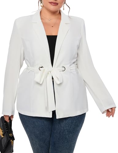 KOJOOIN Women's 2023 Fashion Fall Plus Size Blazer Lapel Open Front Long Sleeve Work Office Cardigan Belted Outwear Casual Jackets White 4XL