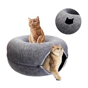 Cat Tunnel Bed for Indoor Cats, Scratch Resistant Donut Cat Bed Cave, Indoor Cat Hideout, Detachable Round Felt & Washable Interior Cat Play Tunnel for Small Pets