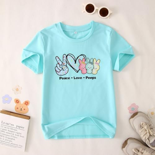 Image of SOFEON Kids Girls Easter Shirt Bunny Peace Love Peeps T-Shirt Cute Funny Rabbit Graphic Tees Short Sleeve Casual Tops