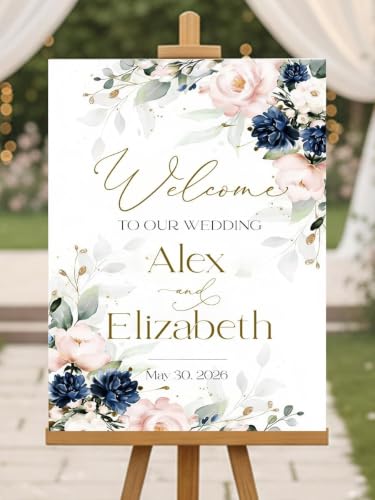 Blue Navy Wedding Welcome Sign, Floral Blush Pink To Our Wedding Signs