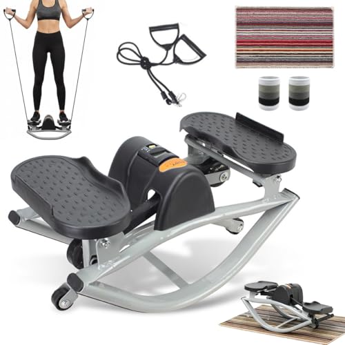 Lateral Rocking Fitness Stepper Home Workout Machine, Low-Impact Side to Side Stepper for Knees and Joints, Portable Compact Leg Glutes Abs Core Exerciser with LCD Monitor and Resistance Bands