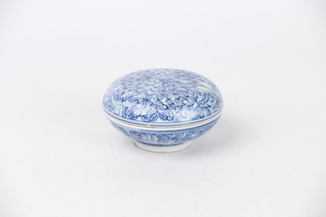 中国 青花底款 唐 青花菊紋盖盒 染付菊文香合 径