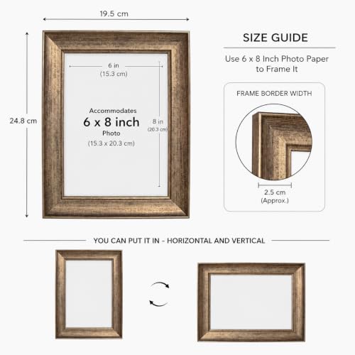 Image of GOLDEN PEACOCK 6x8 Inch Photo Frame - Antique Brown & Gold Wall Hanging and Tabletop Picture Frame with Glass Front for Home, Office, Living Room Decor