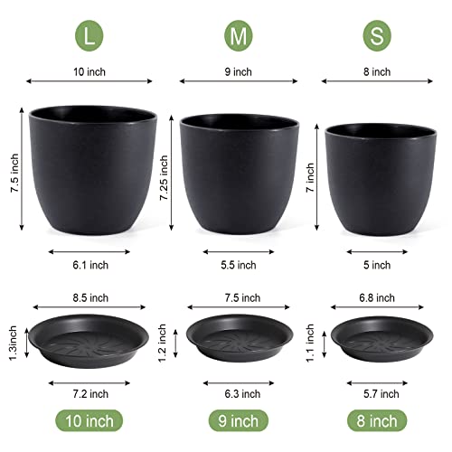 Wousiwer Plant Pots 10/9/8 Inch, Set Of 3 Modern Decorative Plastic Planters With Drainage Holes And Saucers For House Plants Indoor Flowers Plants, Black #TOP1