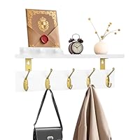Lampaggio Wall Mounted Coat Rack with Shelf, 5 Gold Double Hooks, 3 Pegs, 16.5 inches White Wood Floating Shelf for Entryway, Bathroom, Bedroom