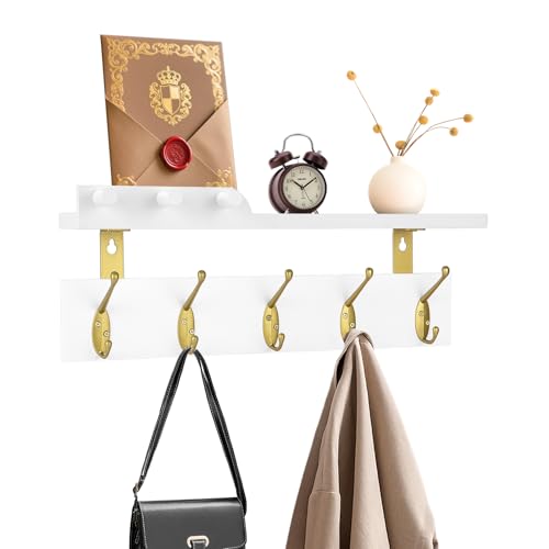 Lampaggio Wall Mounted Coat Rack with Shelf, 5 Gold Double Hooks, 3 Pegs, 16.5 inches White Wood Floating Shelf for Entryway, Bathroom, Bedroom