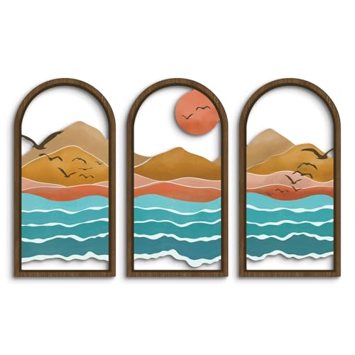 Putuo Decor Minimalist Modern Wall Art Set of 3, Abstract Nature Inspired Sun Mountain Sea Wall Decor, Wood Framed Mountain Landscape Wall Art for Living Room Bedroom Office, 16 x 8 in