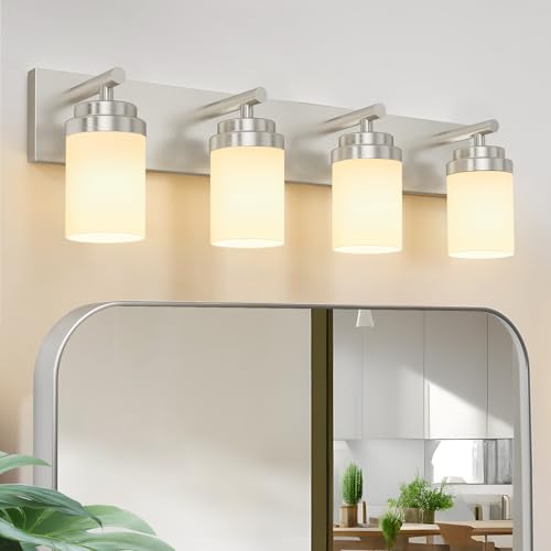 Image of IZORRO Bathroom Vanity Light Fixture, 4-Light 30 Inch Brushed Nickel Bathroom Light Fixtures Over Mirror, with White Glass Shade, Modern Farmhouse Vanity Lights, Rustic Restroom Lighting Fixtures