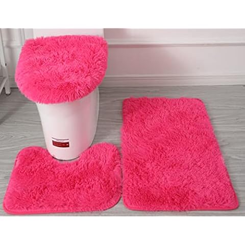 SCVBLJS Soft Microfiber Bathroom Rugs Sets 3 Piece, Non-Slip Bathroom Rugs with PVC Point Flannel Backing, Bath Mat + Pedestal Mat + Toilet Seat Cover, solid Rose Red Cover