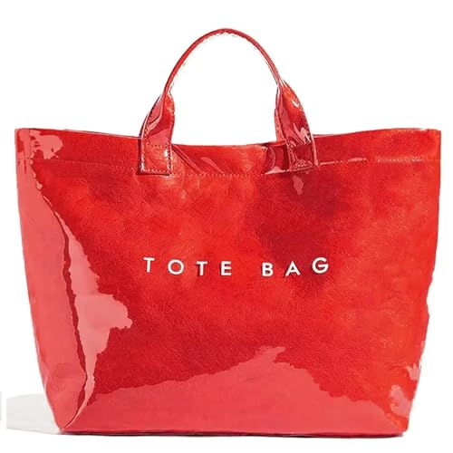 Large Tote Bag for Women PVC Totes Bags Kraft Paper Carry All Handbag Plastic Shoulder Purse Hobo Top Handle Bag for Work Travel ,Waterproof Beach Trendy Totes, Short Reinforced Handle (A-bright red)