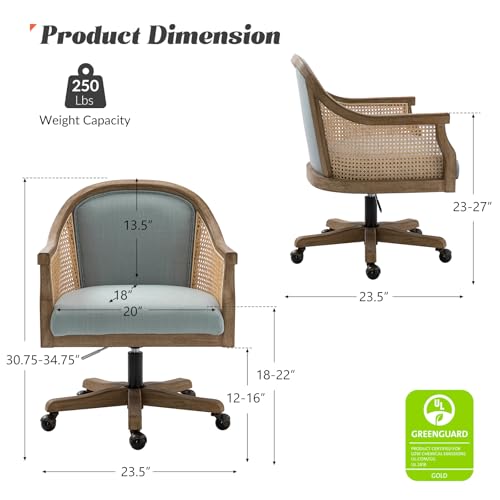 HULALA HOME Rattan Desk Chair, Upholstered Home Office Chair, Vintage Office Chair with Armrest, Adjustable Swivel Rolling Height Task Chair for Living Room Bedroom Study Room, Blue