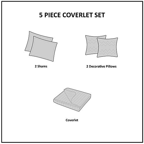 Madison Park Quilt Set Luxurious Jacquard Stripes Design - All Season, Coverlet Bedspread Lightweight Bedding Layer, Shams, Decorative Pillow, King/Cal King(104"X94"), Floral Blue 5 Piece #TOP5