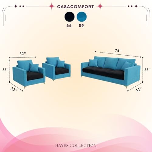 Image of Hayes Rich Velvet Suede 3+1+1 Seater Sofa Set | Golden Aesthetic Legs | Soft Touch Comfort | 5 Person Seating | Modern Living Room Set (Black-Aqua Blue)
