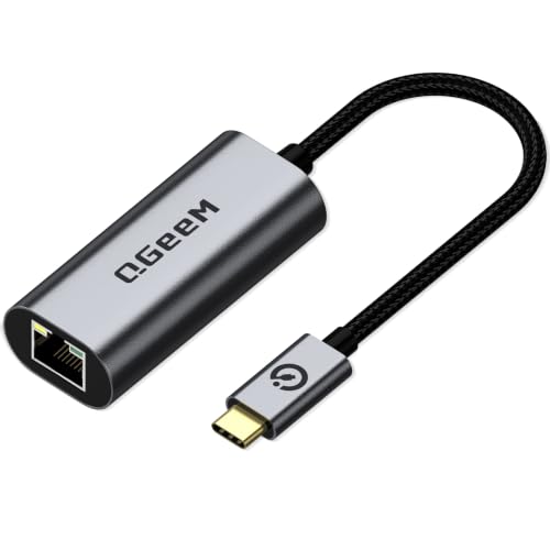 QGeeM USB C to Ethernet Adapter 1000Mbps Gigabit RJ45 LAN Network Dongle Thunderbolt 5/4/3 Compatible Braided Nylon Aluminum Case for iPhone 17/16/15 Pro Max MacBook Pro/Air M3/2 iPad XPS - Gray