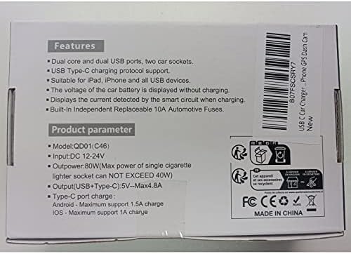 Ładowarka samochodowa USB C, rozdzielacz do zapalniczki, adapter 2 gniazda typu C, wiele gniazd zasilania 12 V/24 V 80 W DC z przełącznikiem woltomierza LED, 5,8 A, podwójny port USB, do telefonu komórkowego, GPS kamera