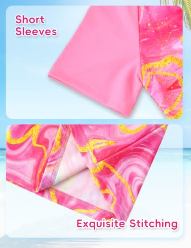 Image of Girls Swimsuit Colorful Short Sleeve Bathing Suits UPF 50+ Rash Guard Set Two Piece Summer Swimwear