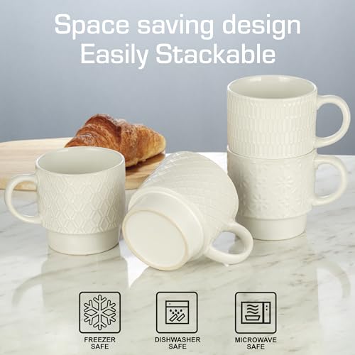 Signature Housewares Stackable Coffee Mug Tower Set with Metal Wire Rack - 15 Ounce Coffee Mugs for Coffee, Tea, Cocoa, Milk, Cappuccino, Hot Chocolate Set of 4 - White Glazed Ceramic by Signature Housewares - Image 5
