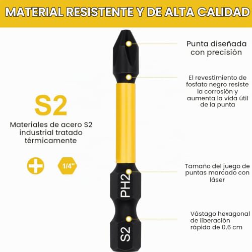 Miniatura 3 de Dakcos Ph2 Bit Largo, Torx Bit Ph2, Surtido De Puntas De S2, Punta De Atornillado 1 4 Vástago Hexagonal Longitud 50 Mm, 10 Piezas