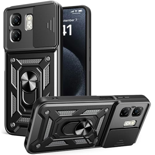 Image of Heavy Duty Back Case Cover for Infinix Smart 9 HD /Hot 50i 5G, Shockproof Infinix Smart 9 HD /Hot 50i Back Cover, Ring Case with Kickstand and Camera Protection Shutter - Black
