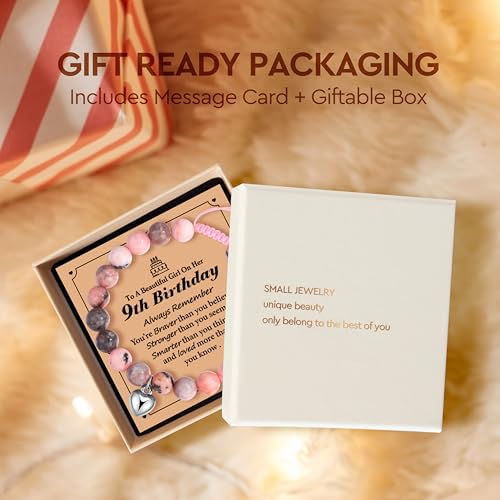 Adjustable Pink Natural Stone Heart Bracelet Birthday Gifts for age: 5-9 Year Old Daughter Daughter Big Sister Teen Girls Granddaughter Niece Girl,Christmas Gifts for Daughter Granddaughter Niece-593