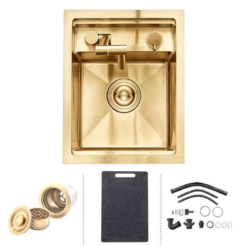 Gold Bar Évier de Bar de Cuisine Dissimulé Caché avec Robinet Pliable, 30 x 45 cm RV Small Stainless, Petit Lavabo en Acier de Calibre 16 Bac Simple Doré...