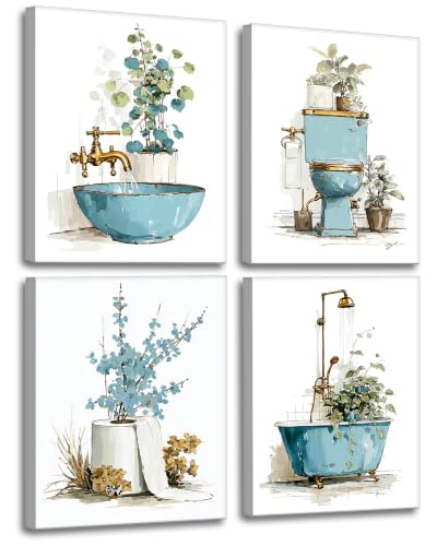 Image of Frimeeme Botanical Bathroom Wall Art Teal and Gold Canvas Prints 4-Piece
